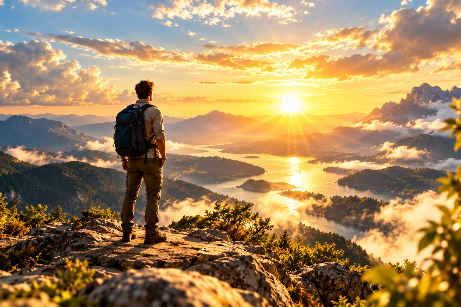 A traveler with a backpack standing atop a sunlit mountain peak at sunrise, looking out over lakes and morning mist
