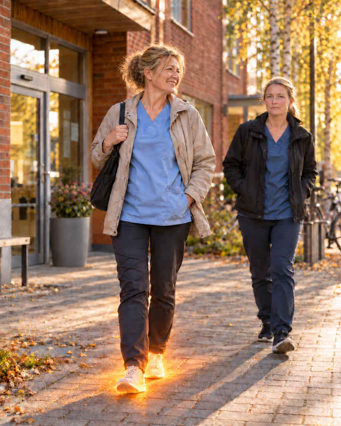 Vårdpersonal på väg hem från arbetspasset med pigga steg i Gåkomfort