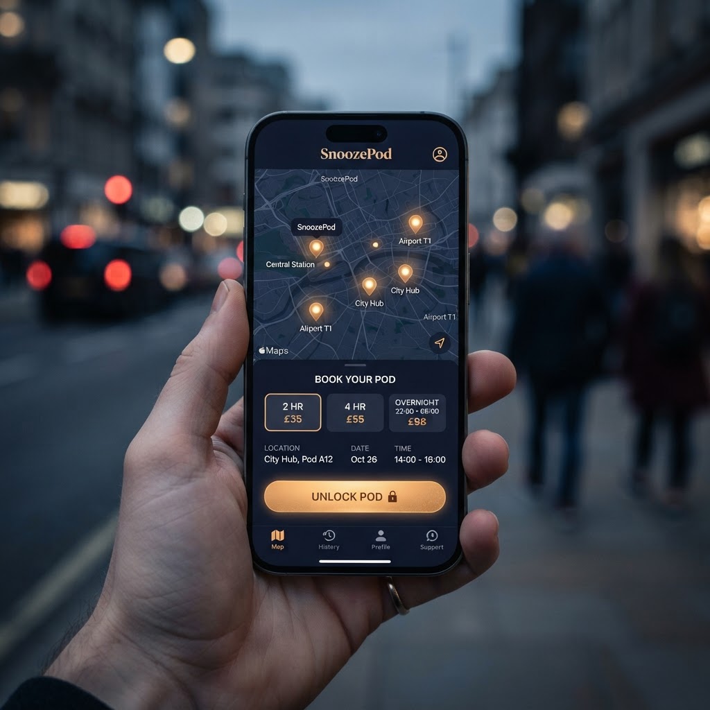 A smartphone showing the NapSense booking app with an available pod map and unlock button
