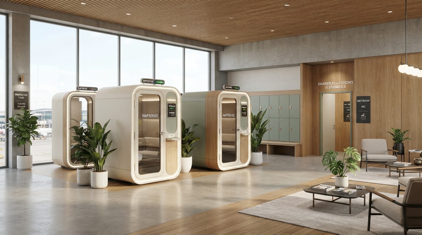 A NapSense Hub with several rest pods around a shared clean lounge and restrooms