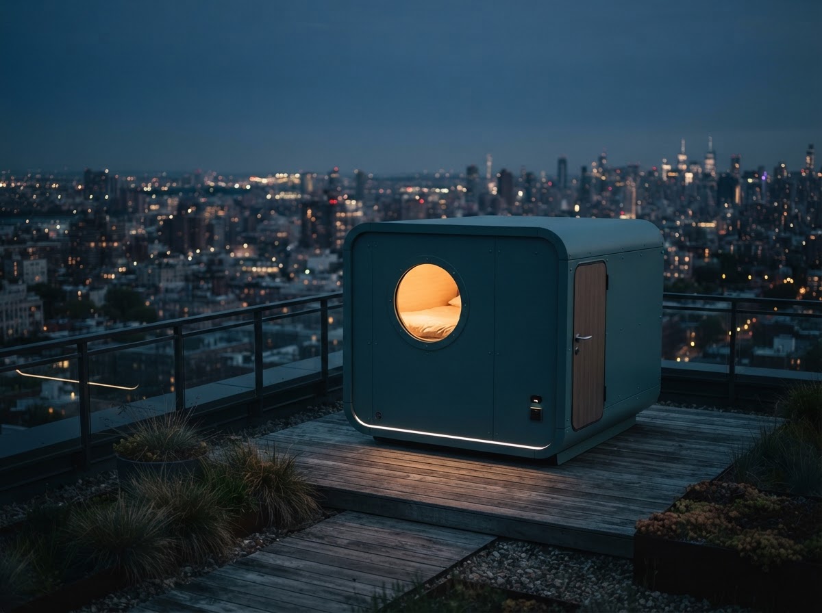 A sleek, weatherproof NapSense rest pod glowing at dusk on an urban rooftop