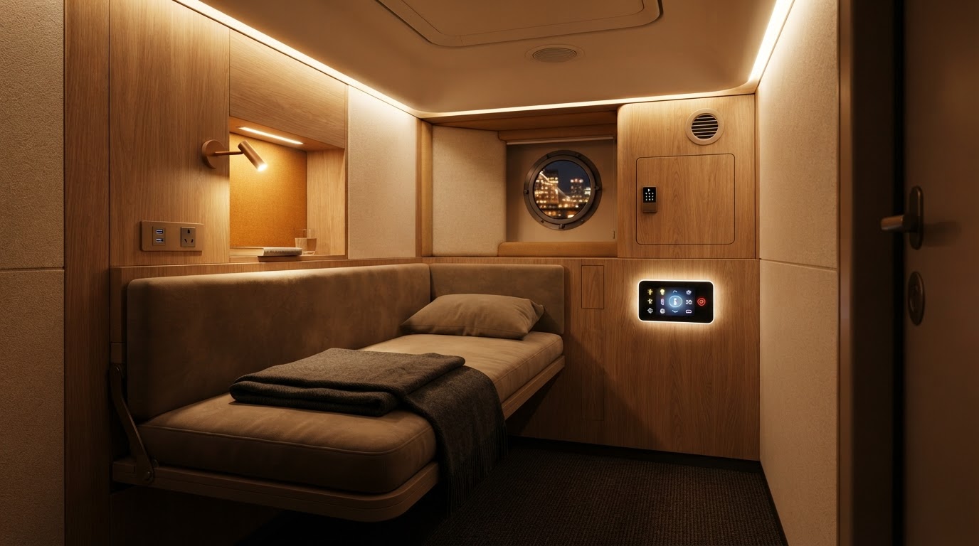 Calm interior of a NapSense rest pod with a folded bed and charging