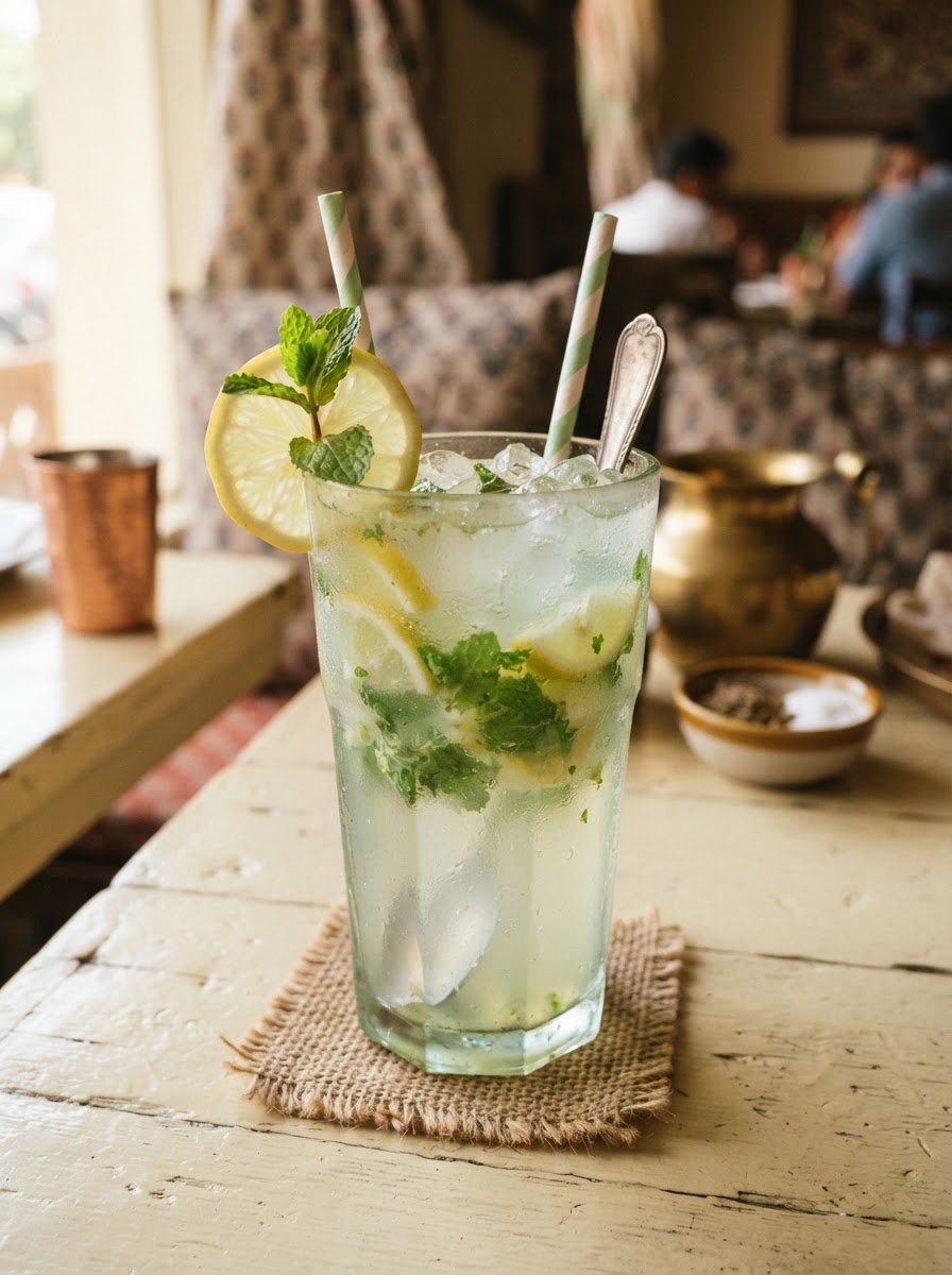 A glass of mint lemonade beside an Indian meal