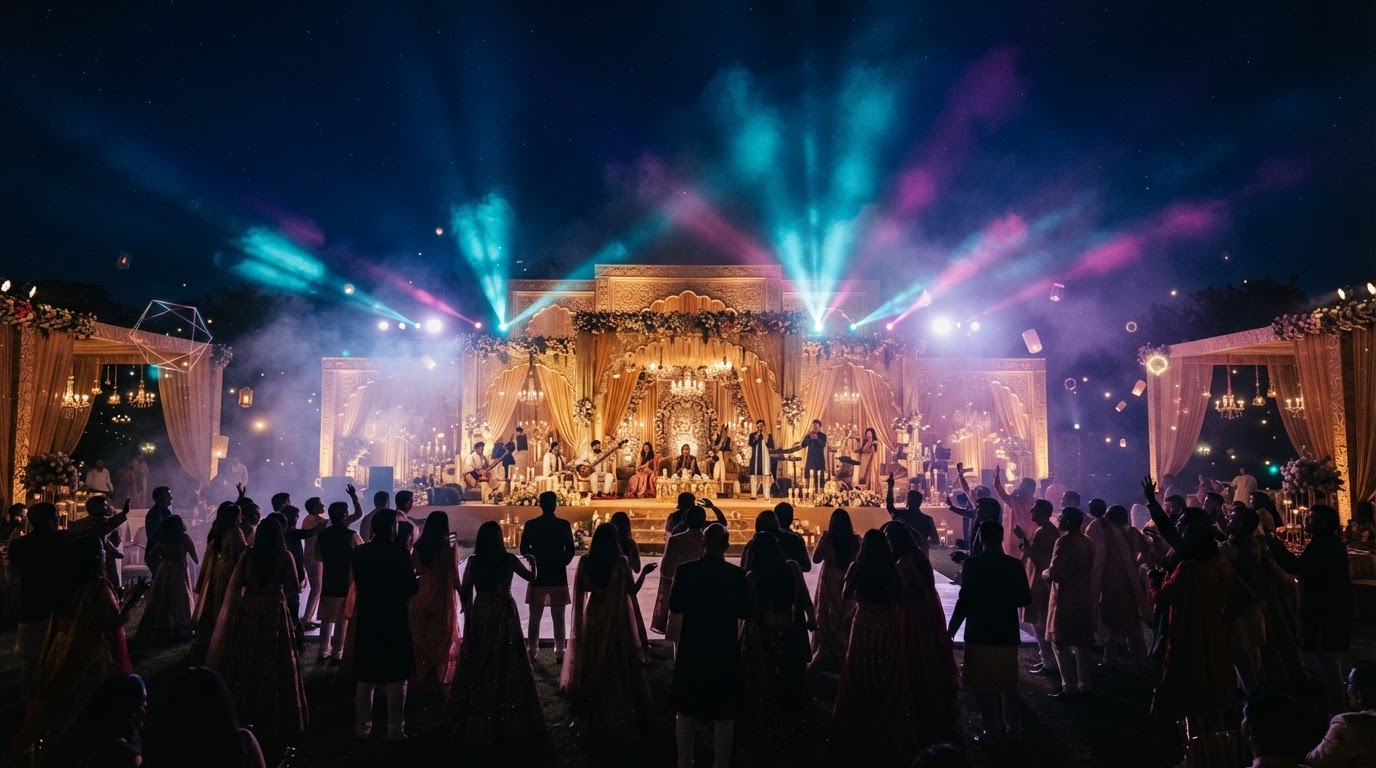 Cinematic event celebration with stage lighting