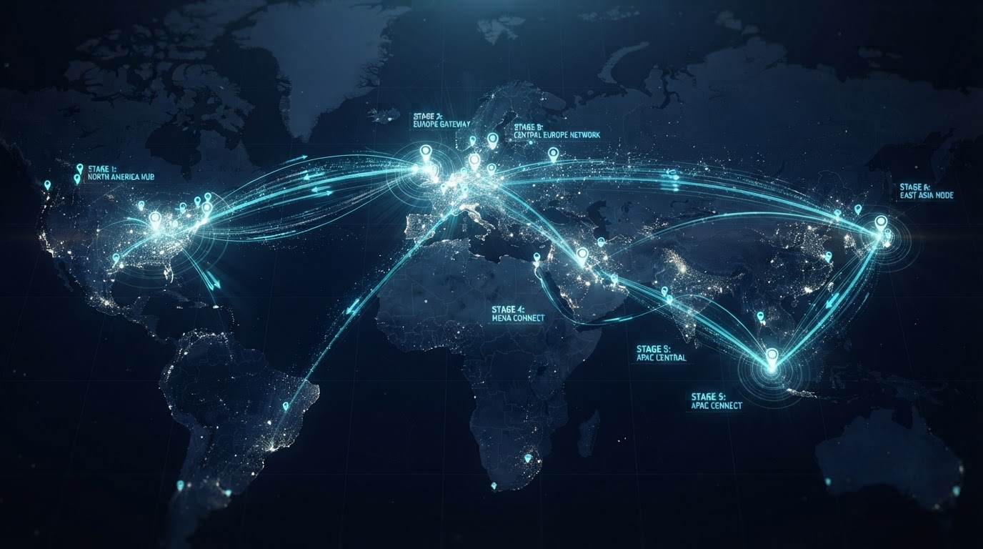 Glowing connected city network of nodes, location pins, and illuminated digital pathways