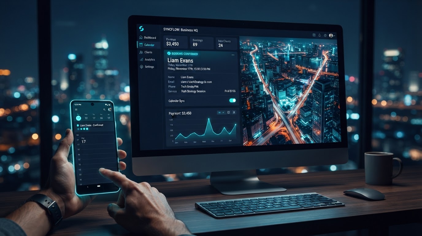 Digital scheduling calendar interface with confirmed appointment over a connected city background