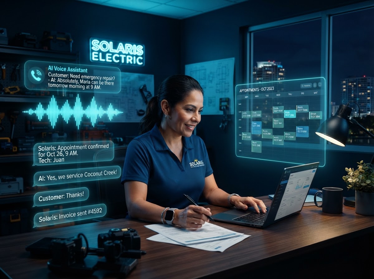 A South Florida business owner working at night while AI handles customer calls, messages, and scheduling, with glowing cyan communication waveforms