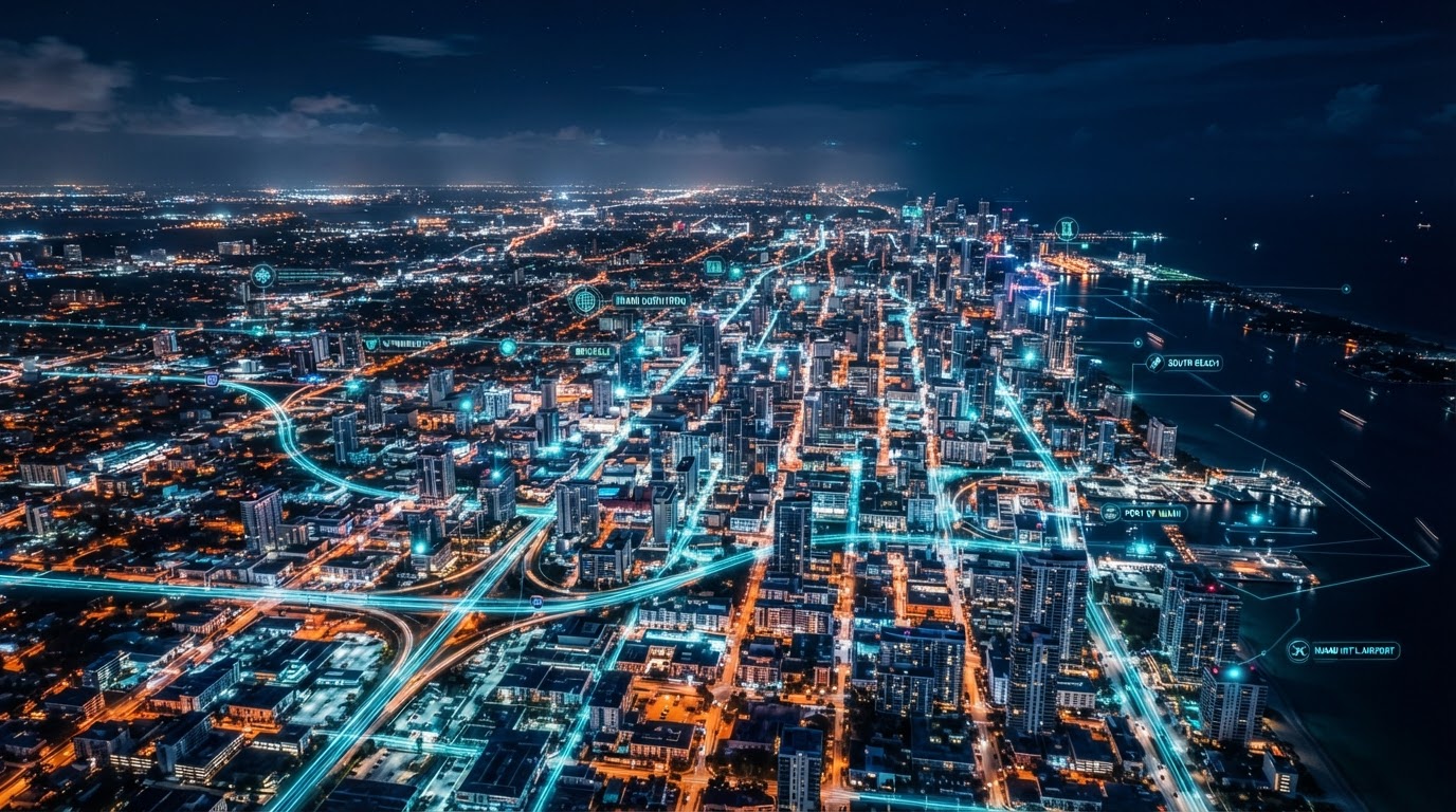 Connected South Florida city at night with roads, local businesses, and subtle technology elements