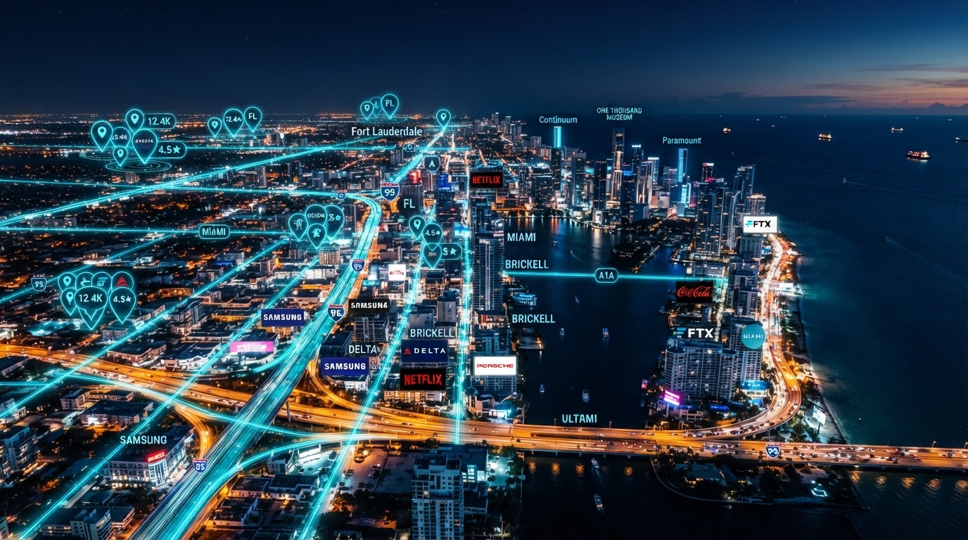 Wide cinematic aerial of a glowing connected South Florida city network at night with illuminated roads and digital billboards