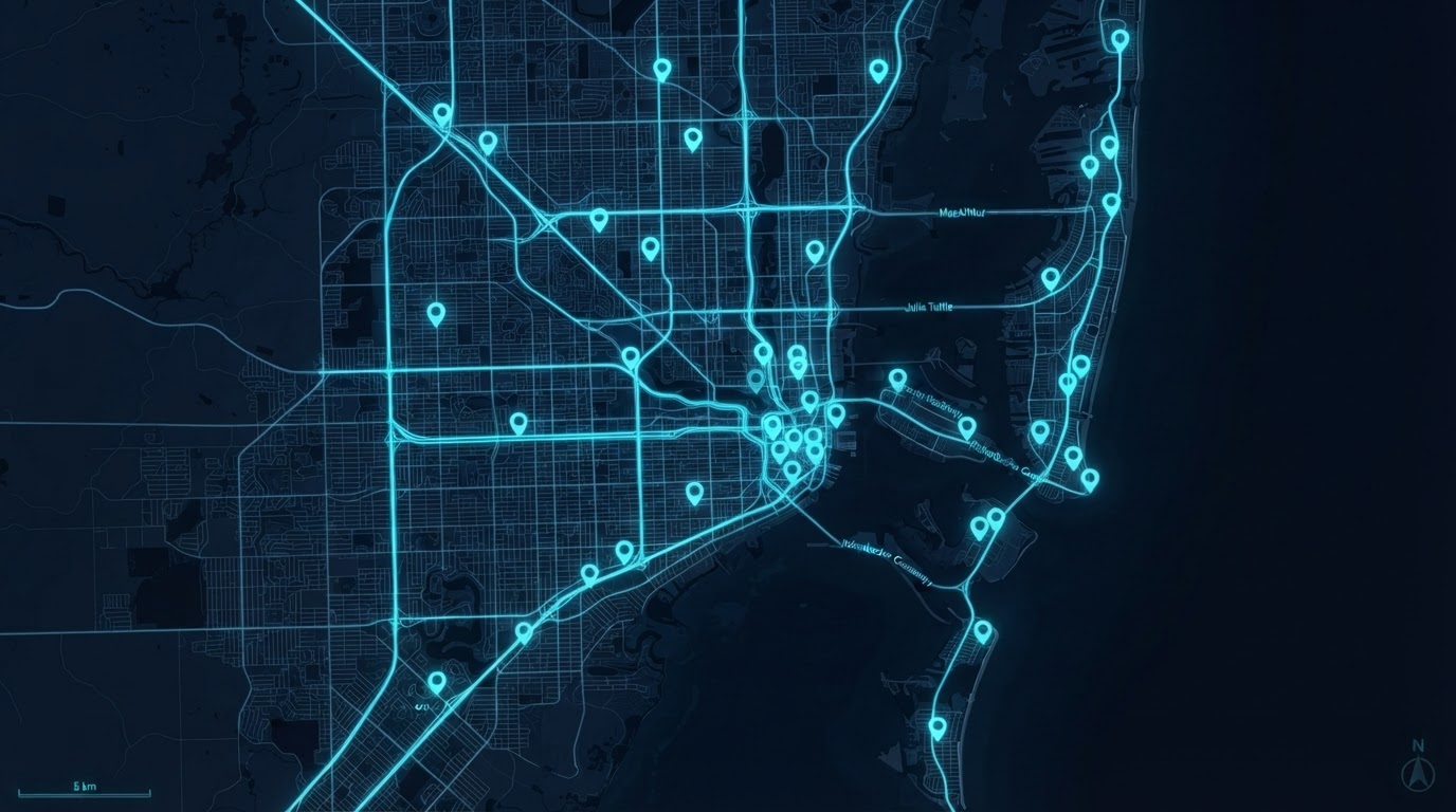 Glowing connected map of South Florida with illuminated routes and location pins