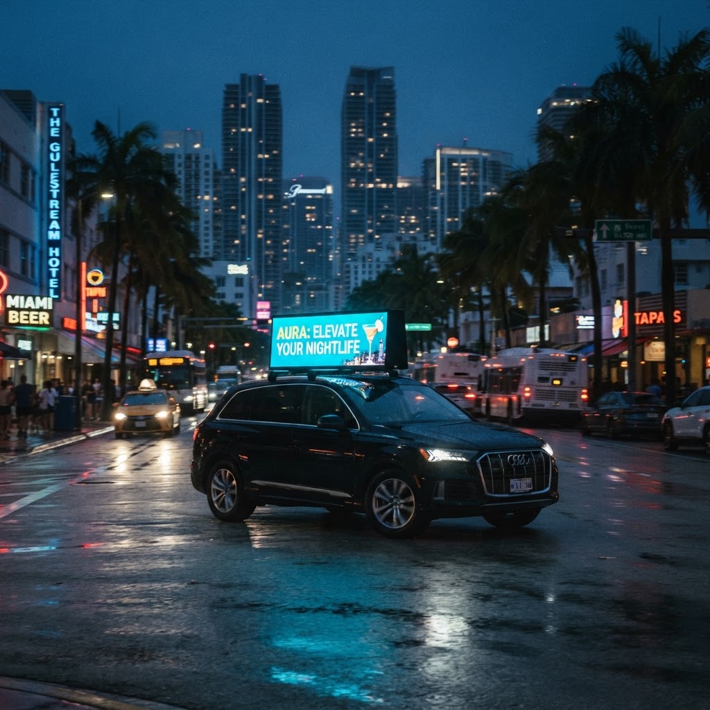 Modern SUV driving down illuminated city street at dusk with full-color digital rooftop LED advertising billboard