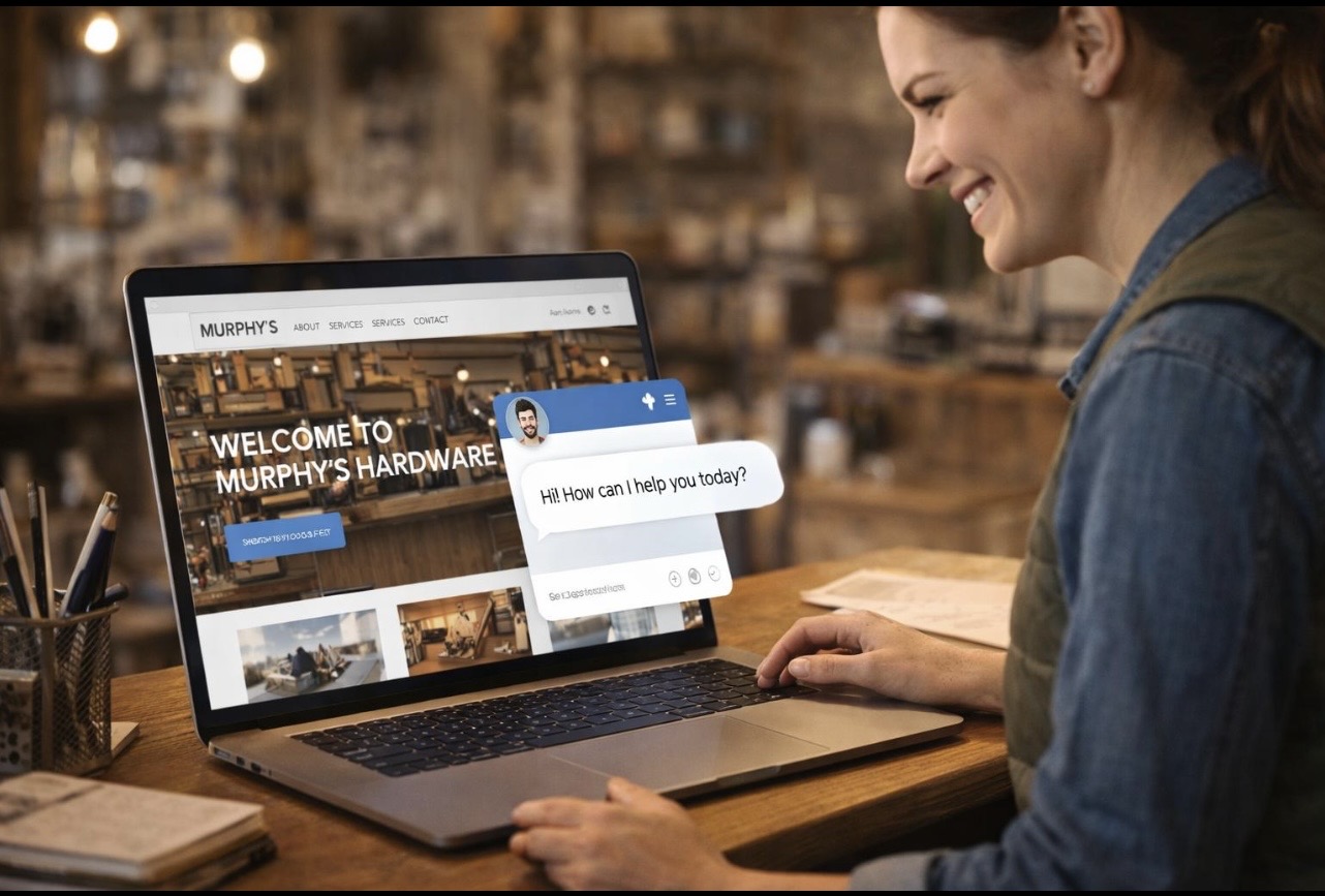 Business owner at counter with laptop displaying modern website and interactive AI website chat lead capture widget