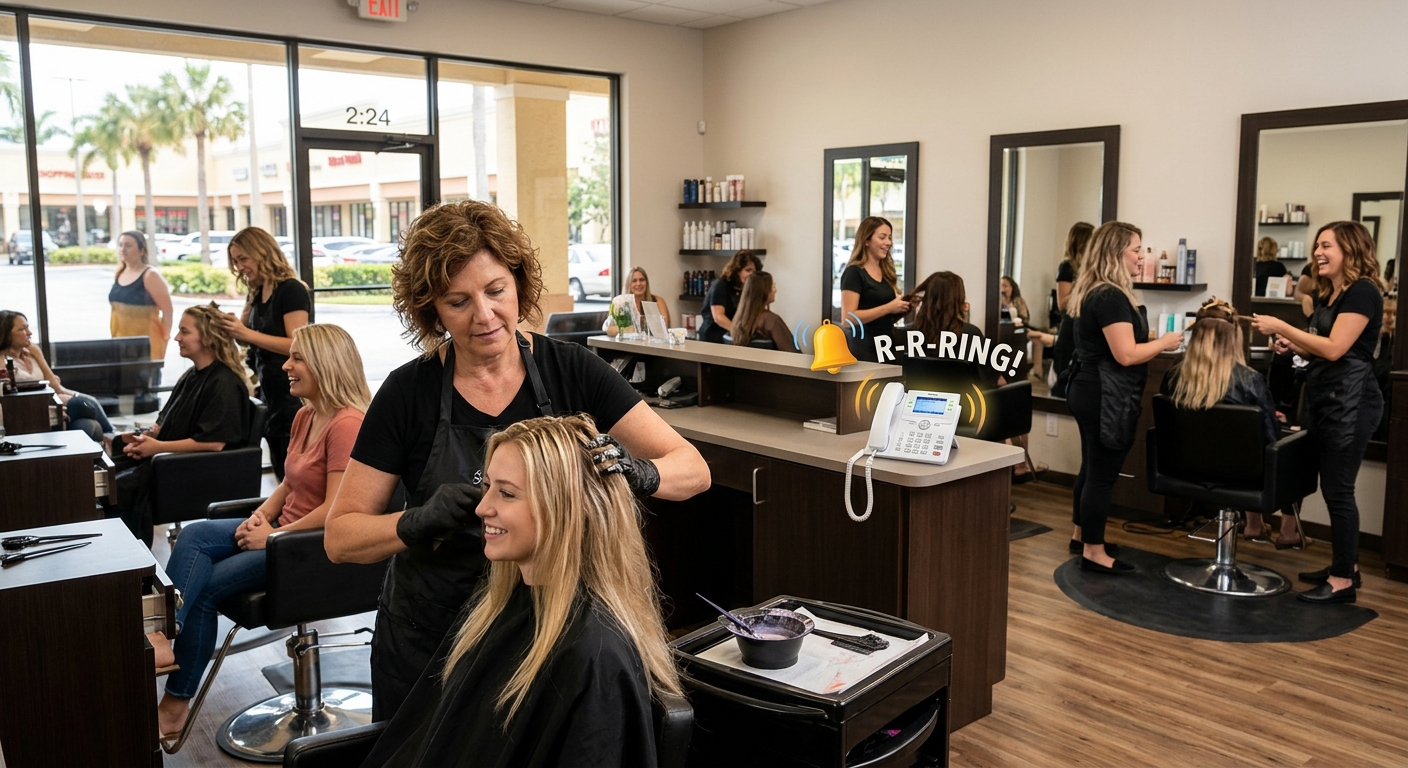 Busy salon business owner working with a client while the phone rings unanswered at the front desk