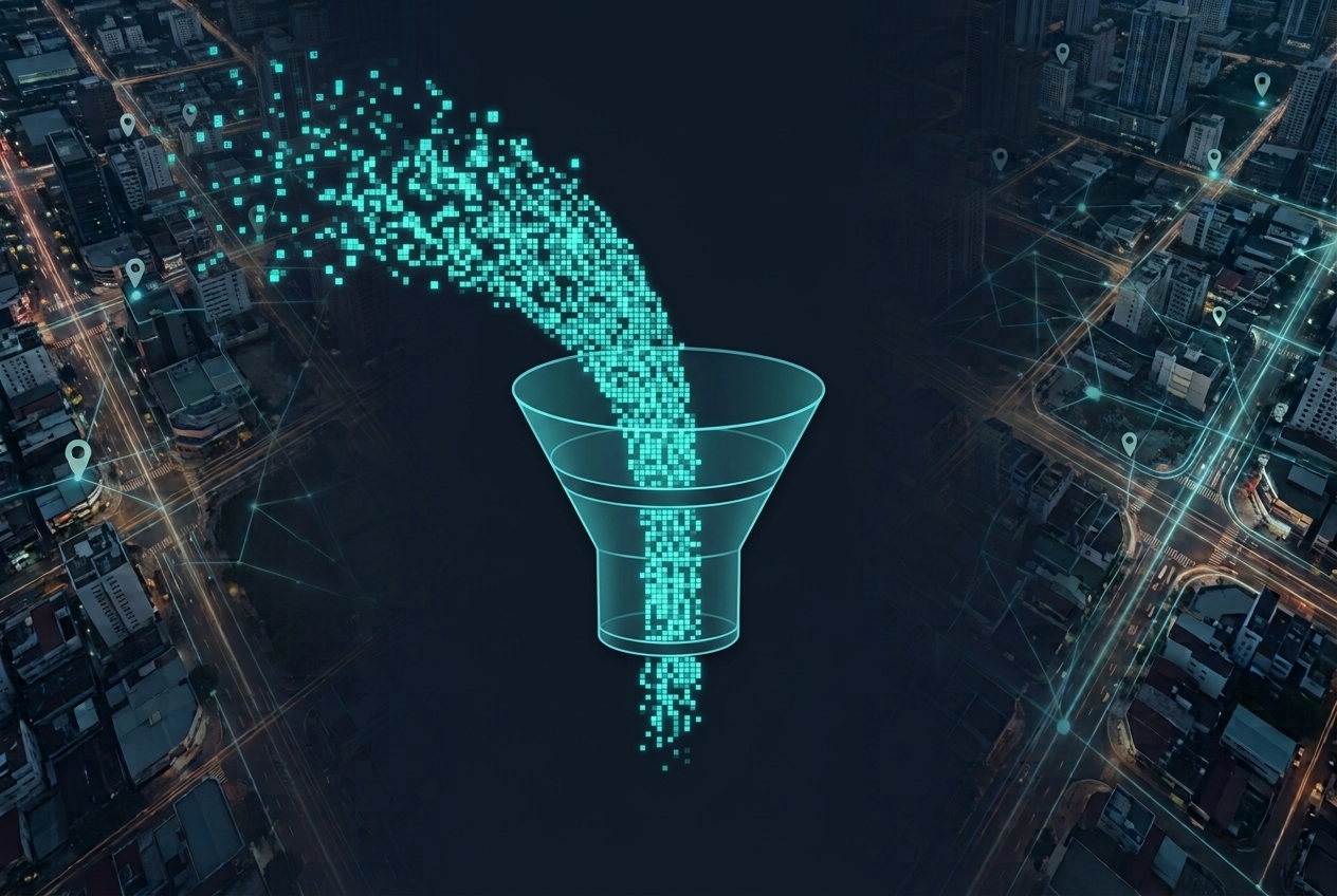 Digital lead capture funnel channeling inquiries into a streamlined business system over a city grid