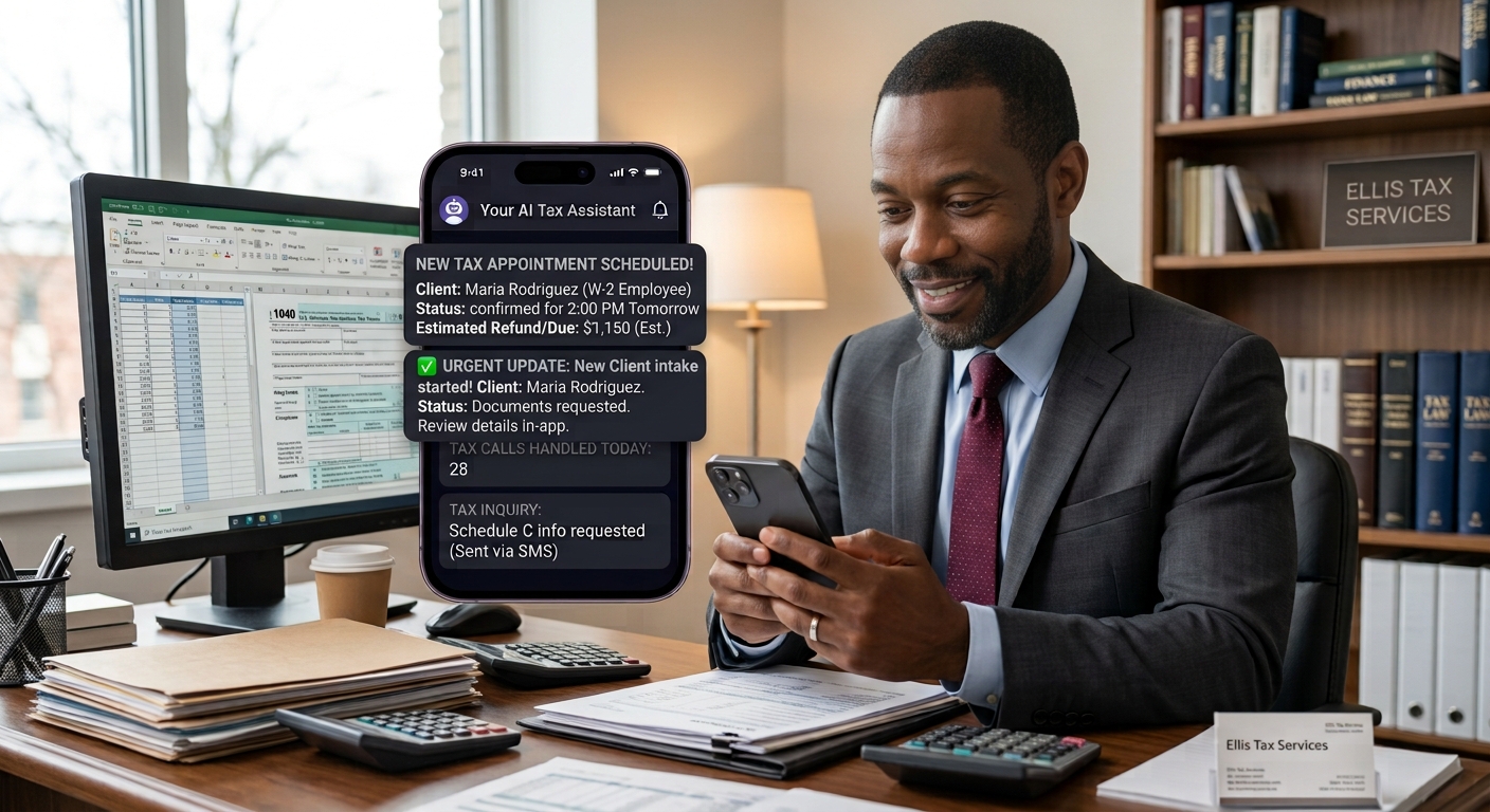 Tax and financial professional in office using smartphone with AI Assistant showing automated client intake, call volume, and scheduled appointments