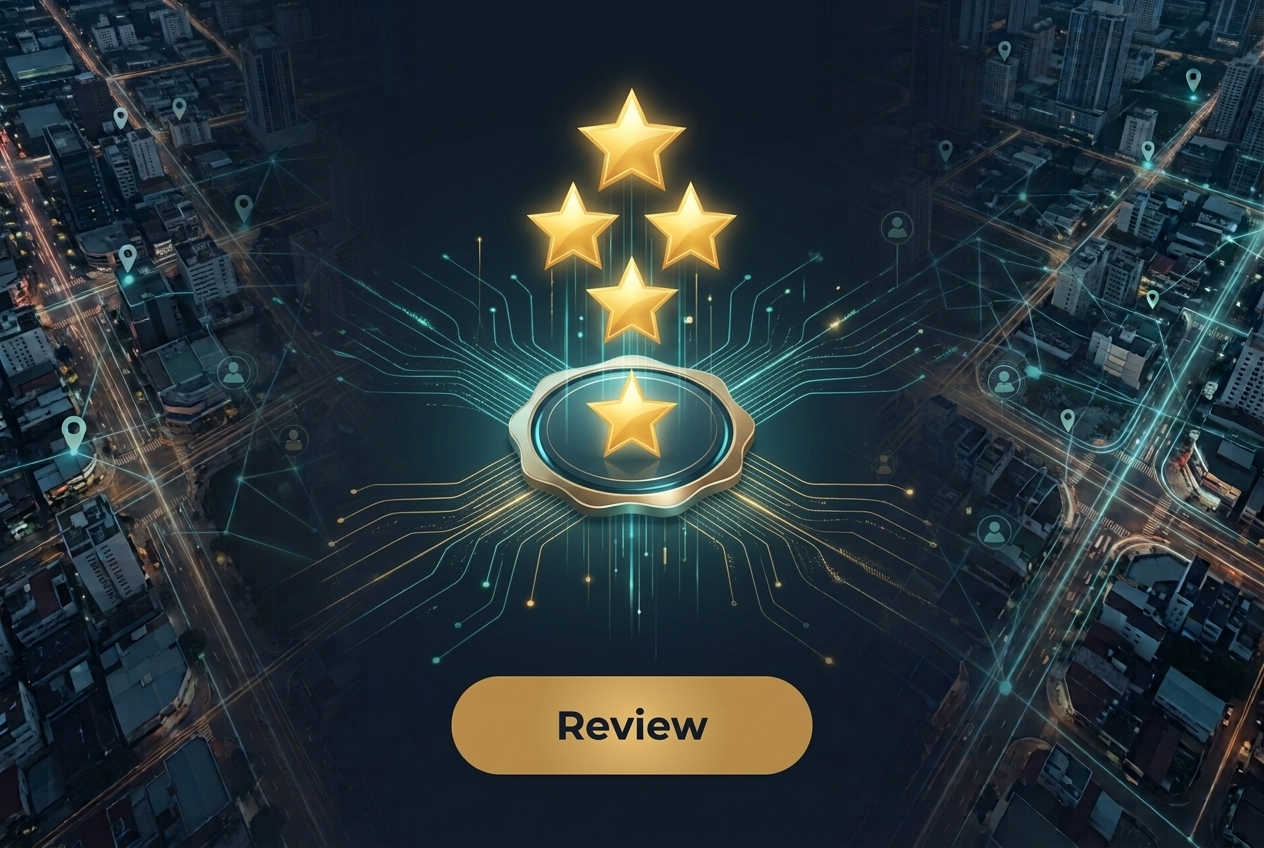 Five golden stars and verified trust seal illuminated above connected city roadways