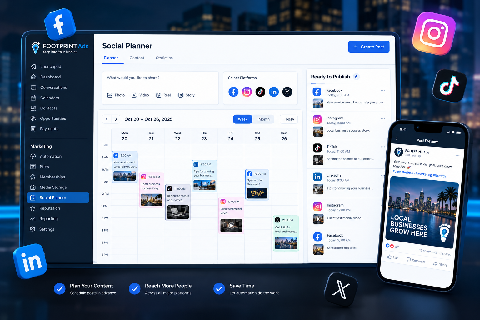 FOOTPRINT Ads Social Media Management dashboard and planner scheduling posts across Facebook, Instagram, TikTok, LinkedIn, and X