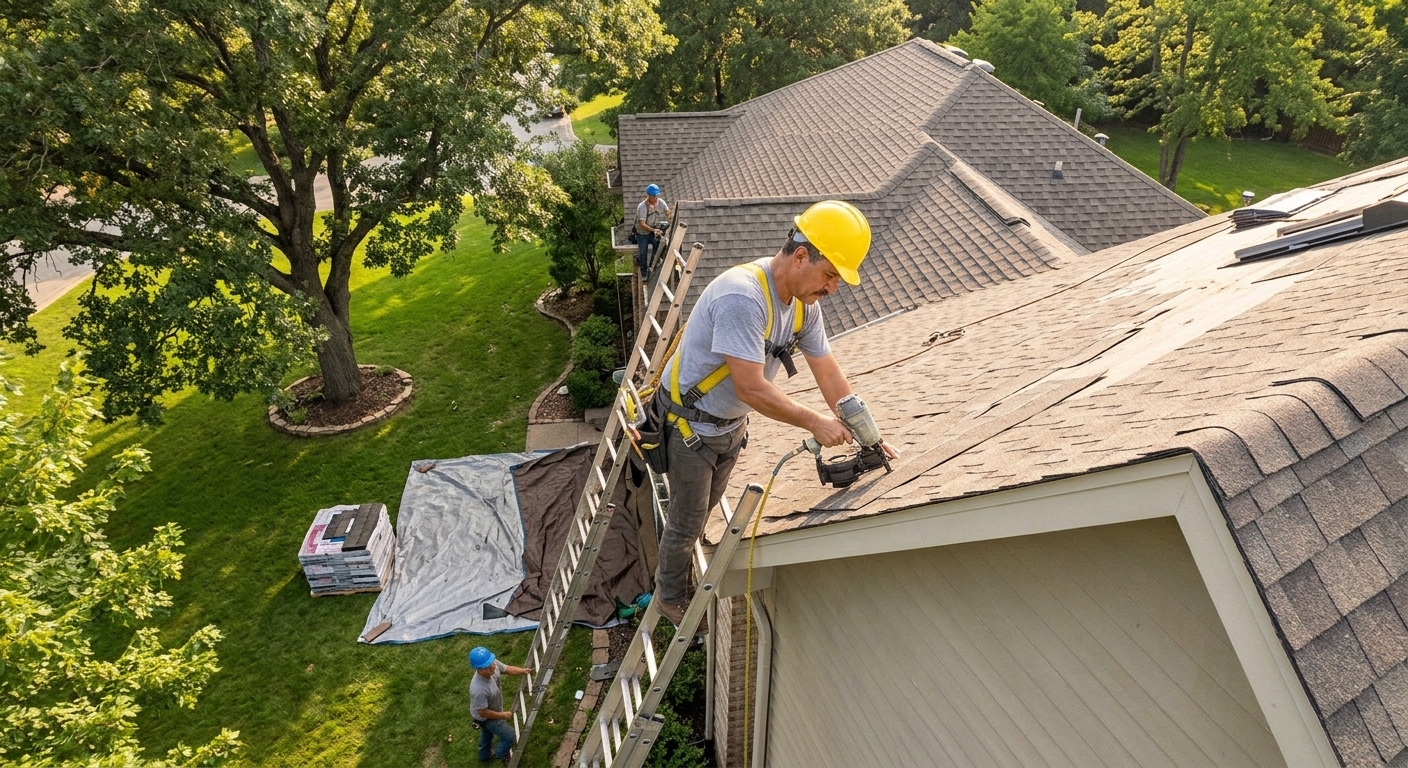 Professional local roofing contractors working on residential home in South Florida