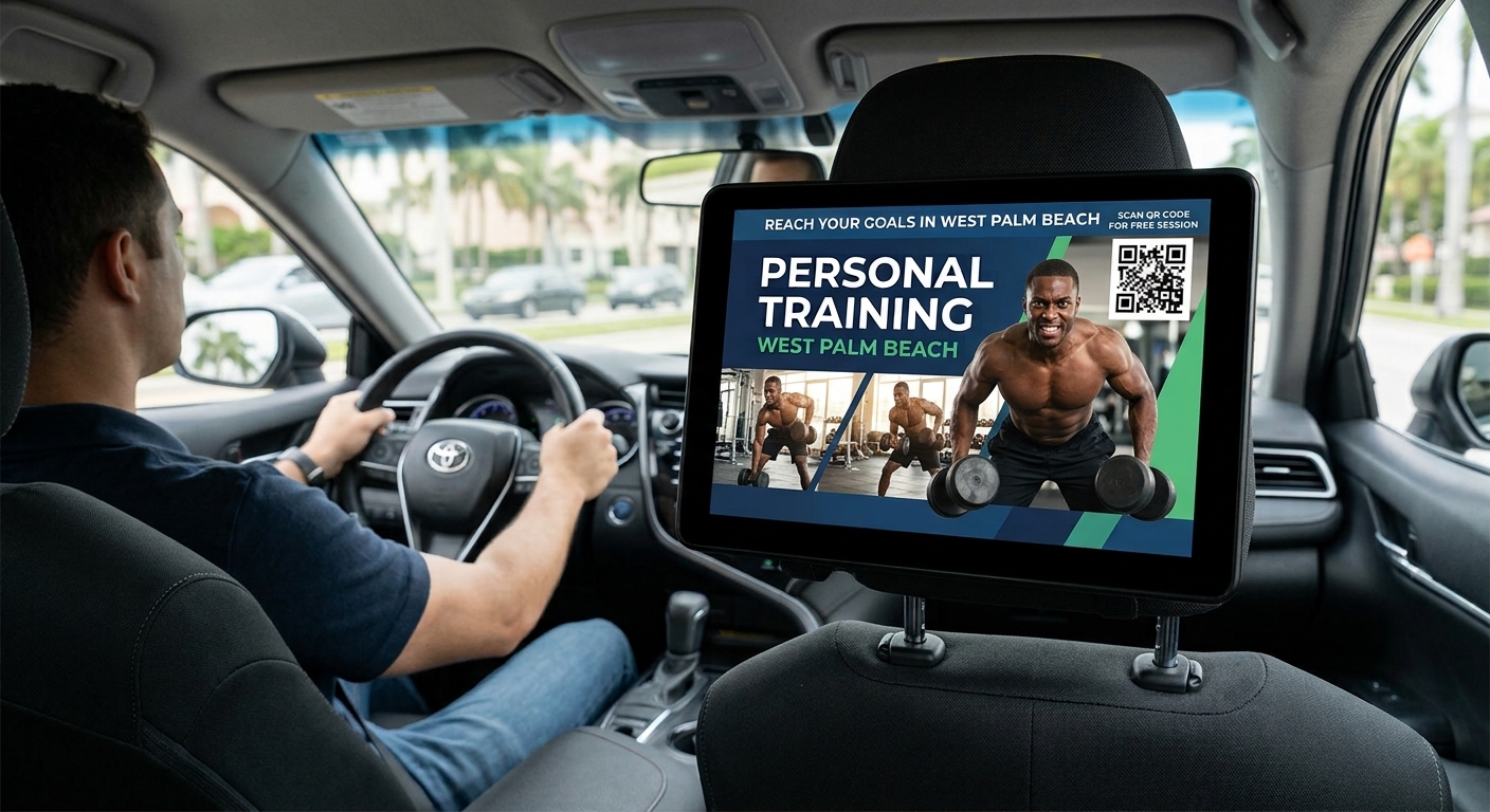 Interactive passenger seatback mounted digital screen in rideshare car displaying West Palm Beach local business advertisement and QR code