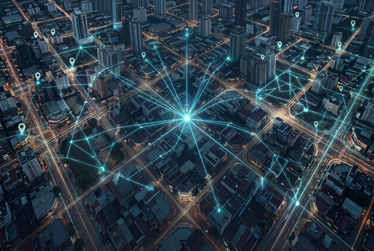 Aerial view of city streets and buildings illuminated with connected network nodes and location pins