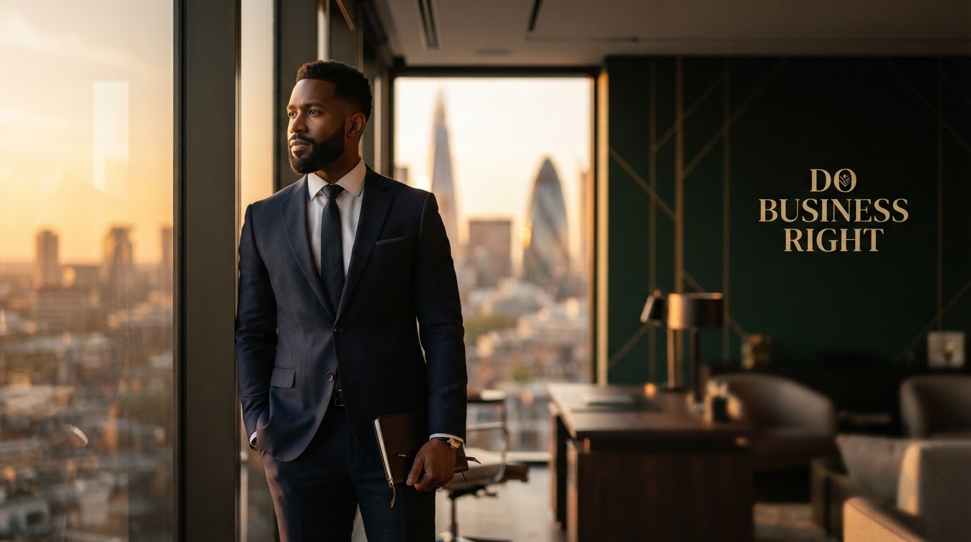 A confident business owner reflecting in a modern office at golden hour