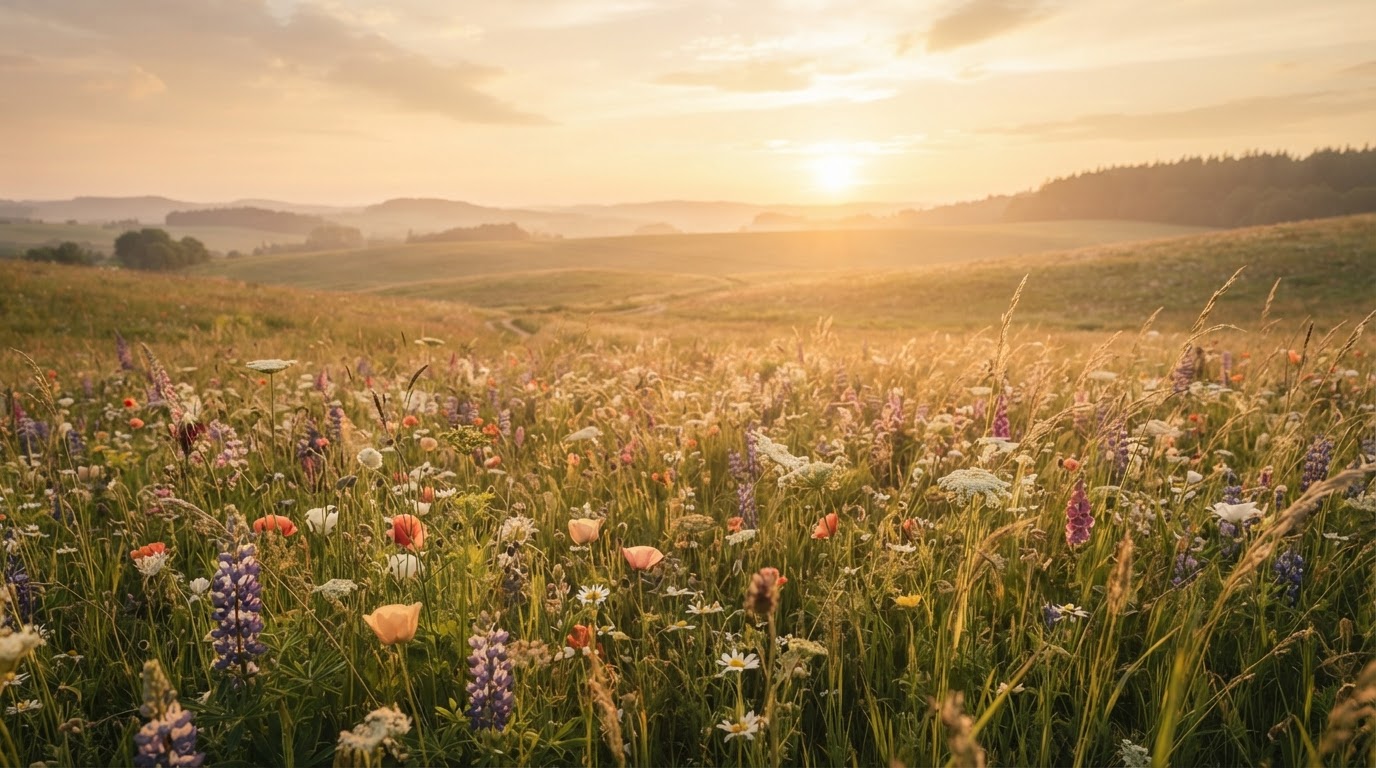 Champ de fleurs sauvages au soleil couchant, visuel de la page d'accueil DIGIYAF