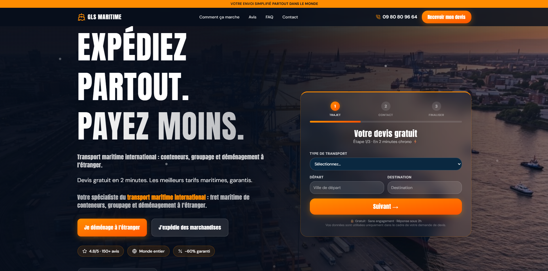 Page de demande de devis du site GLS Maritime
