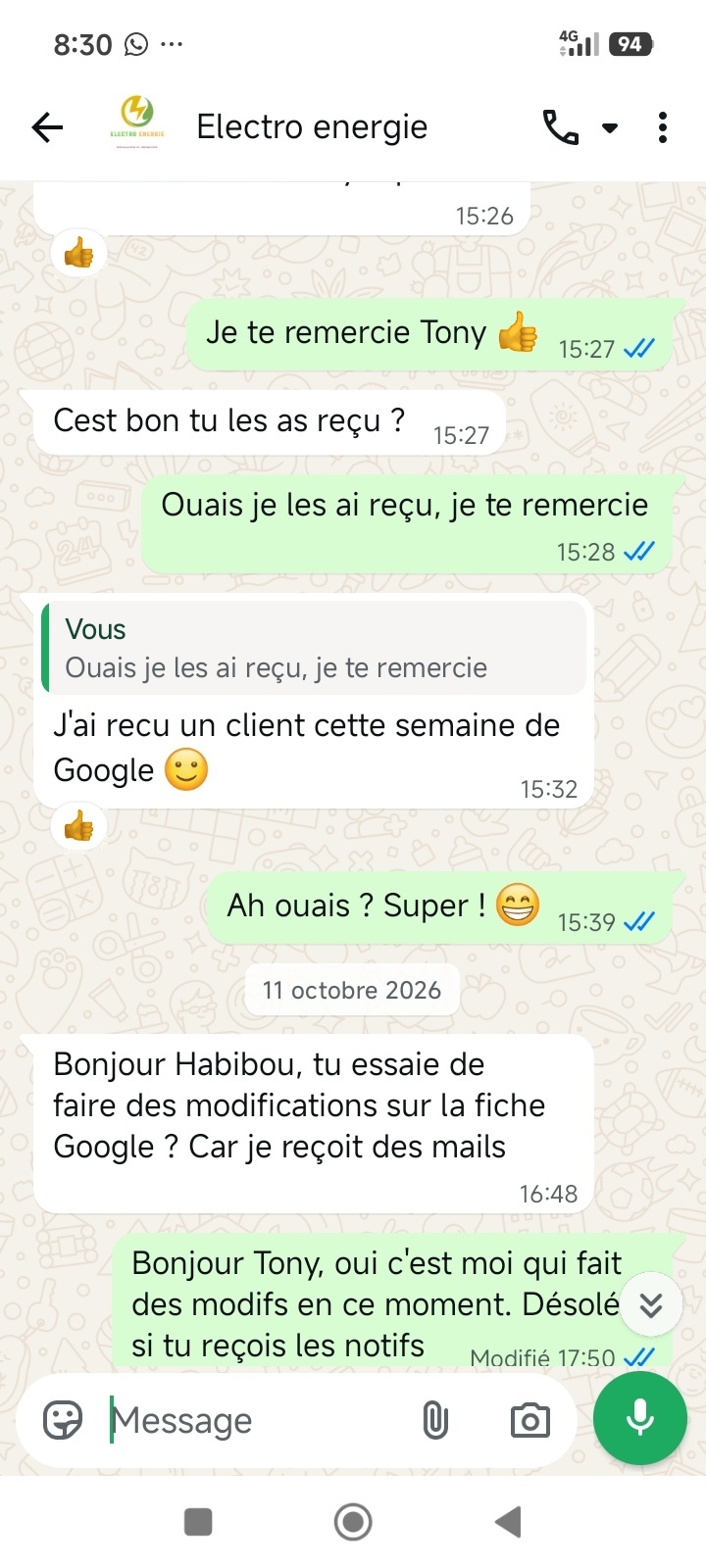 Message de Tony, Electro Energie : J'ai reçu un client cette semaine de Google