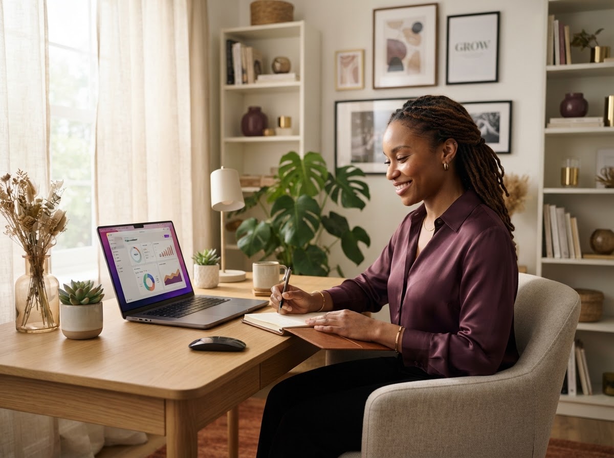 A confident entrepreneur working peacefully with a clearly organized business.