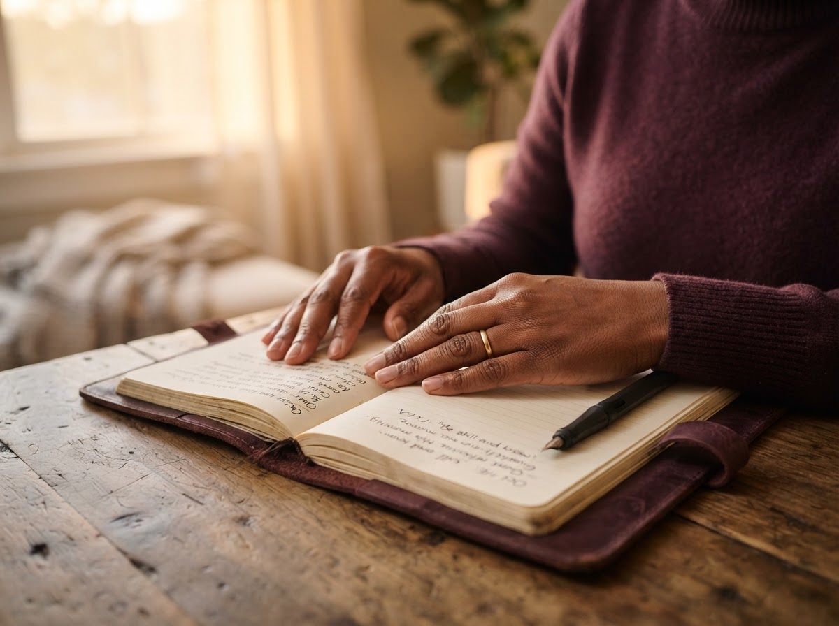 A woman's hands resting on an open journal, warmed by golden sunrise light