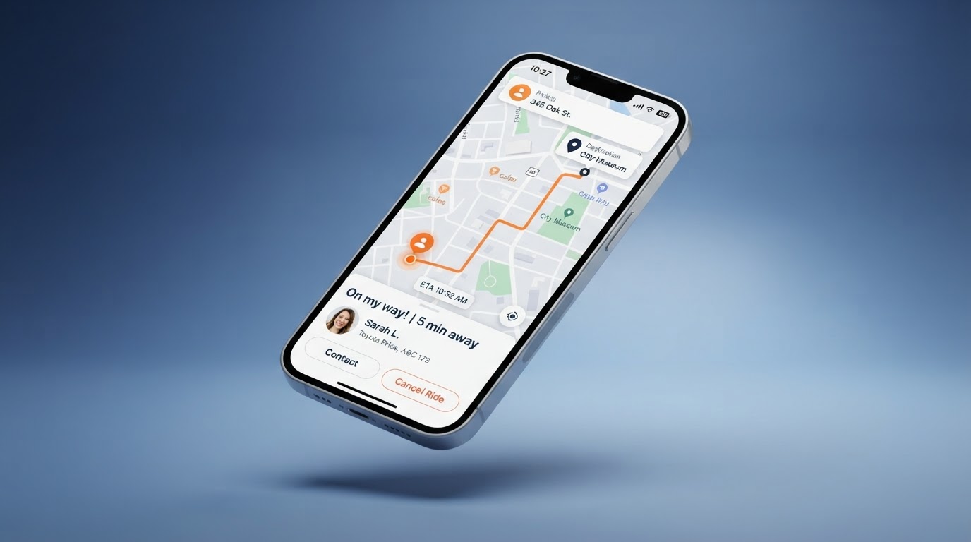 Scoop Me app showing a planned commute route with an orange pickup line