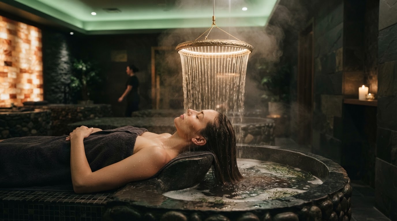Close up of warm water flowing through dark hair at a spa basin
