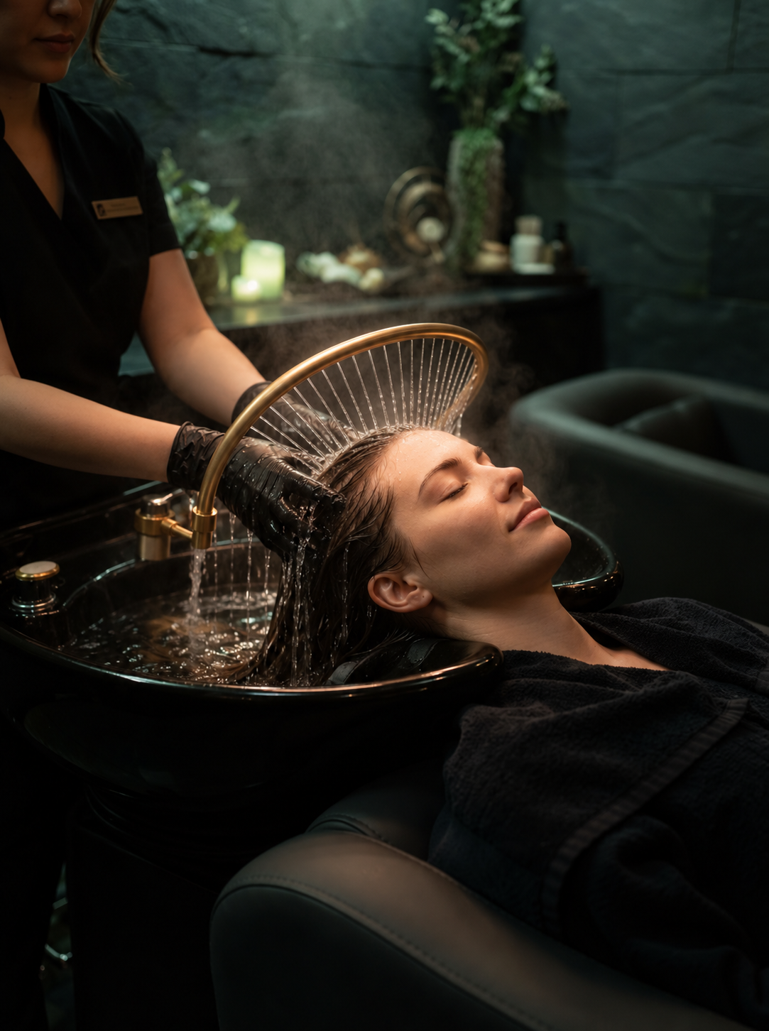 A woman relaxing during a luxury head spa treatment with warm water cascading over her hair