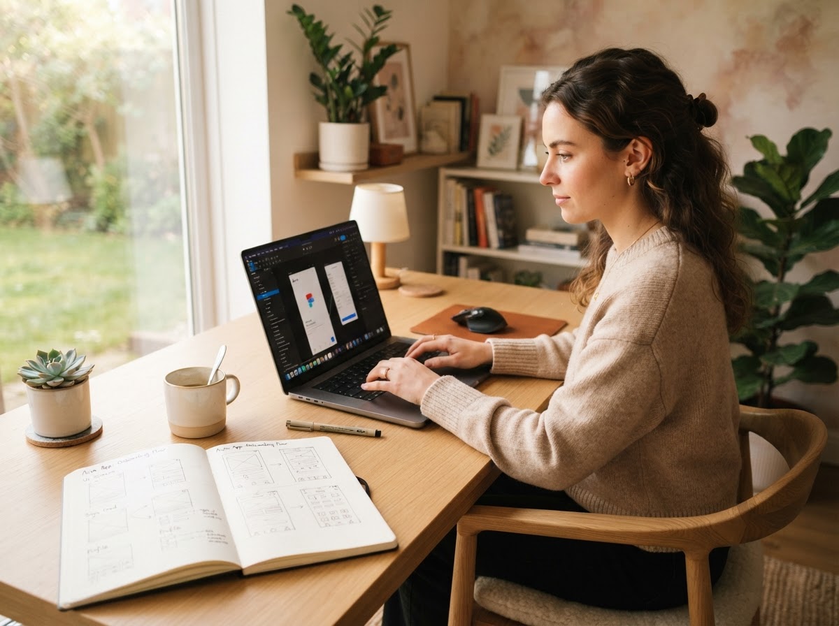 A person working on a personal creative project at a modern desk