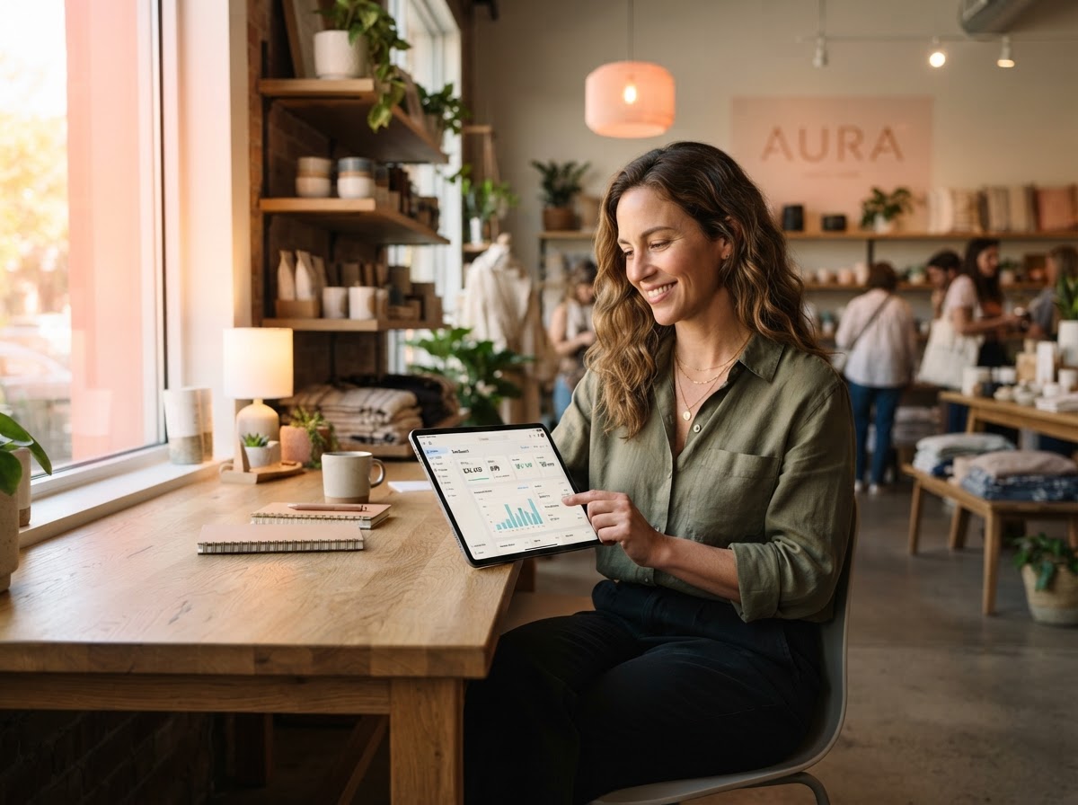 A small business owner reviewing a business dashboard on a tablet