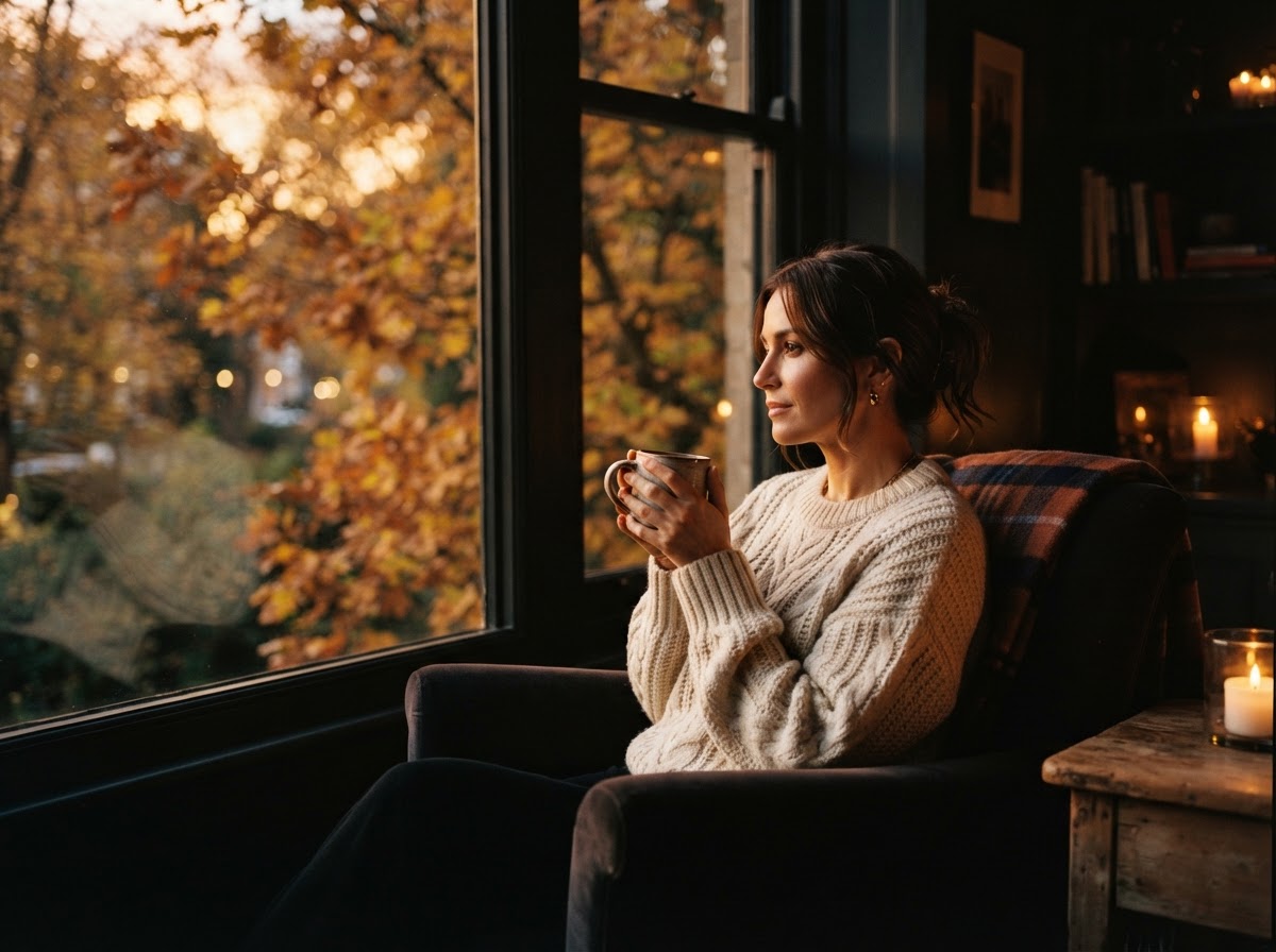 A woman in a knit sweater holding a warm drink by a window in golden autumn light.