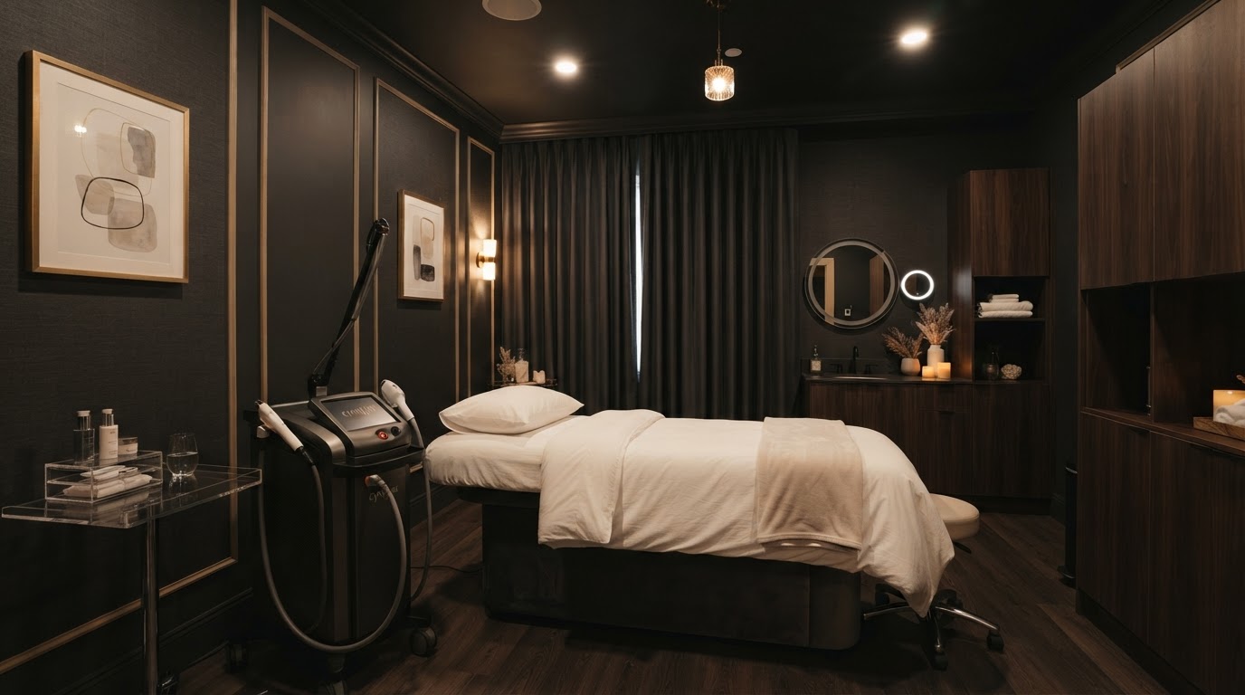 A calm, private, immaculately clean laser treatment room with a padded treatment bed and warm dim lighting.