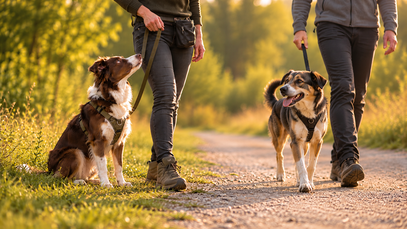 Zwei Menschen mit Hunden an der Leine begegnen sich ruhig und mit Distanz auf einem Feldweg