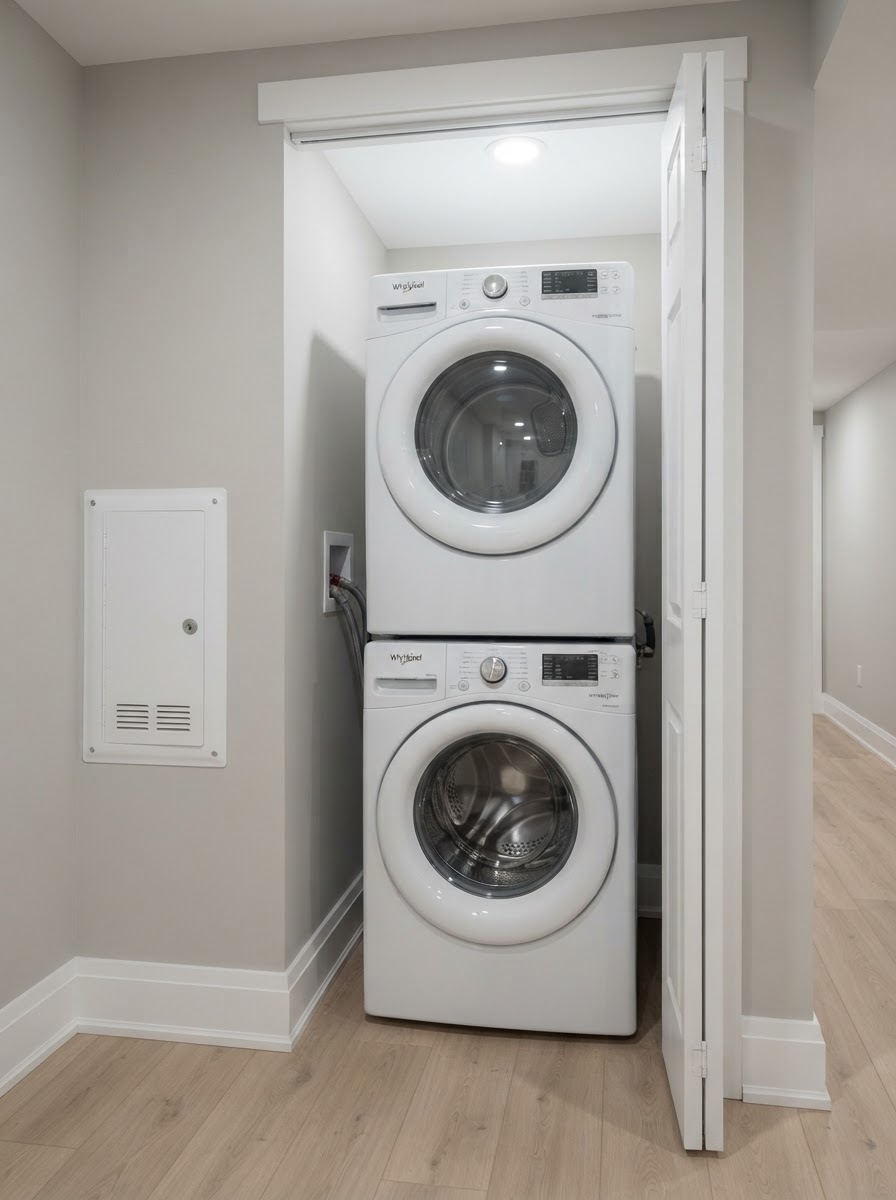 In-suite laundry closet with a white stackable washer-dryer installed and a white utility board with cover on the side wall