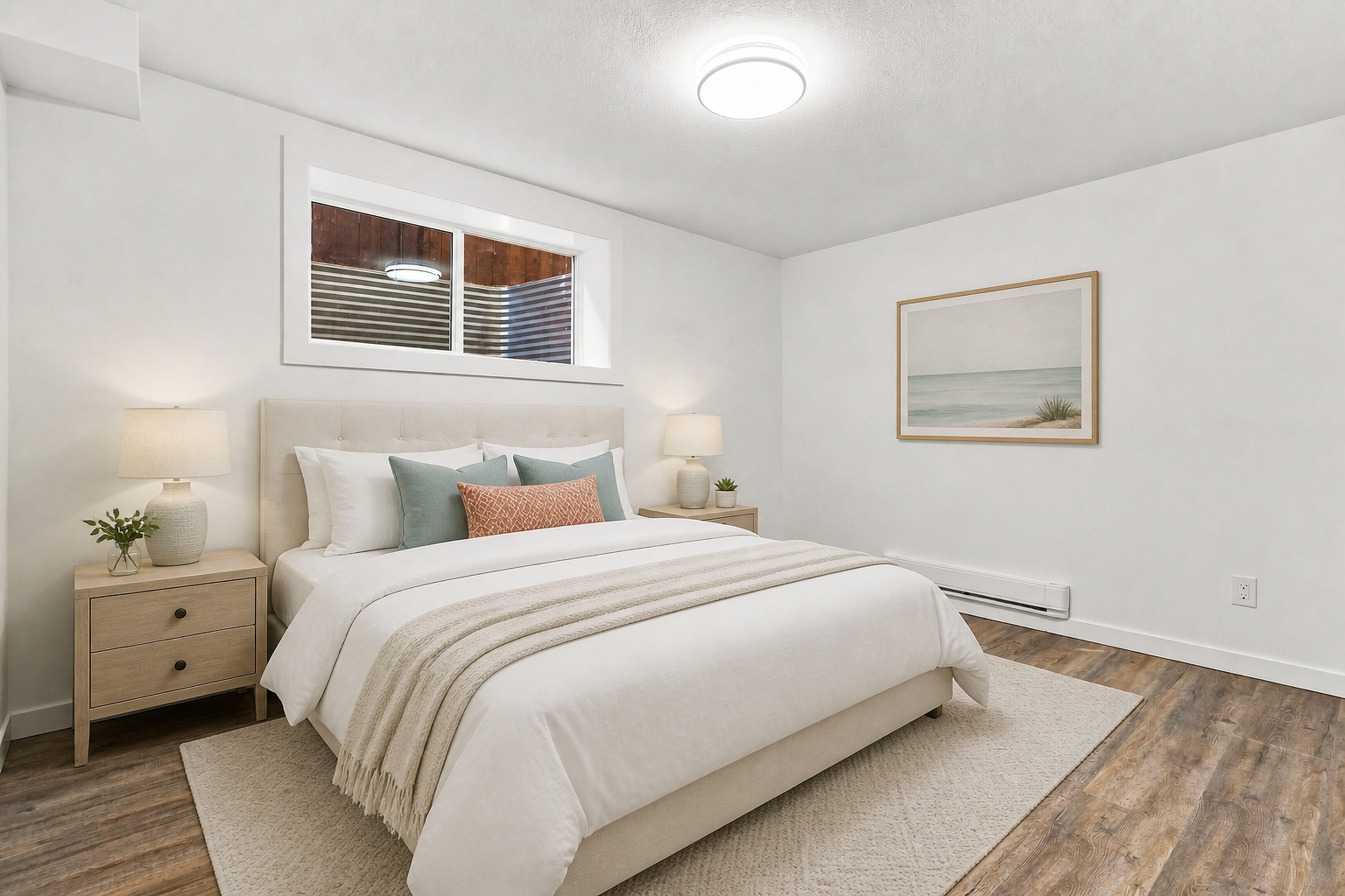 Bedroom layout showcasing natural lighting and clean neutral finishes