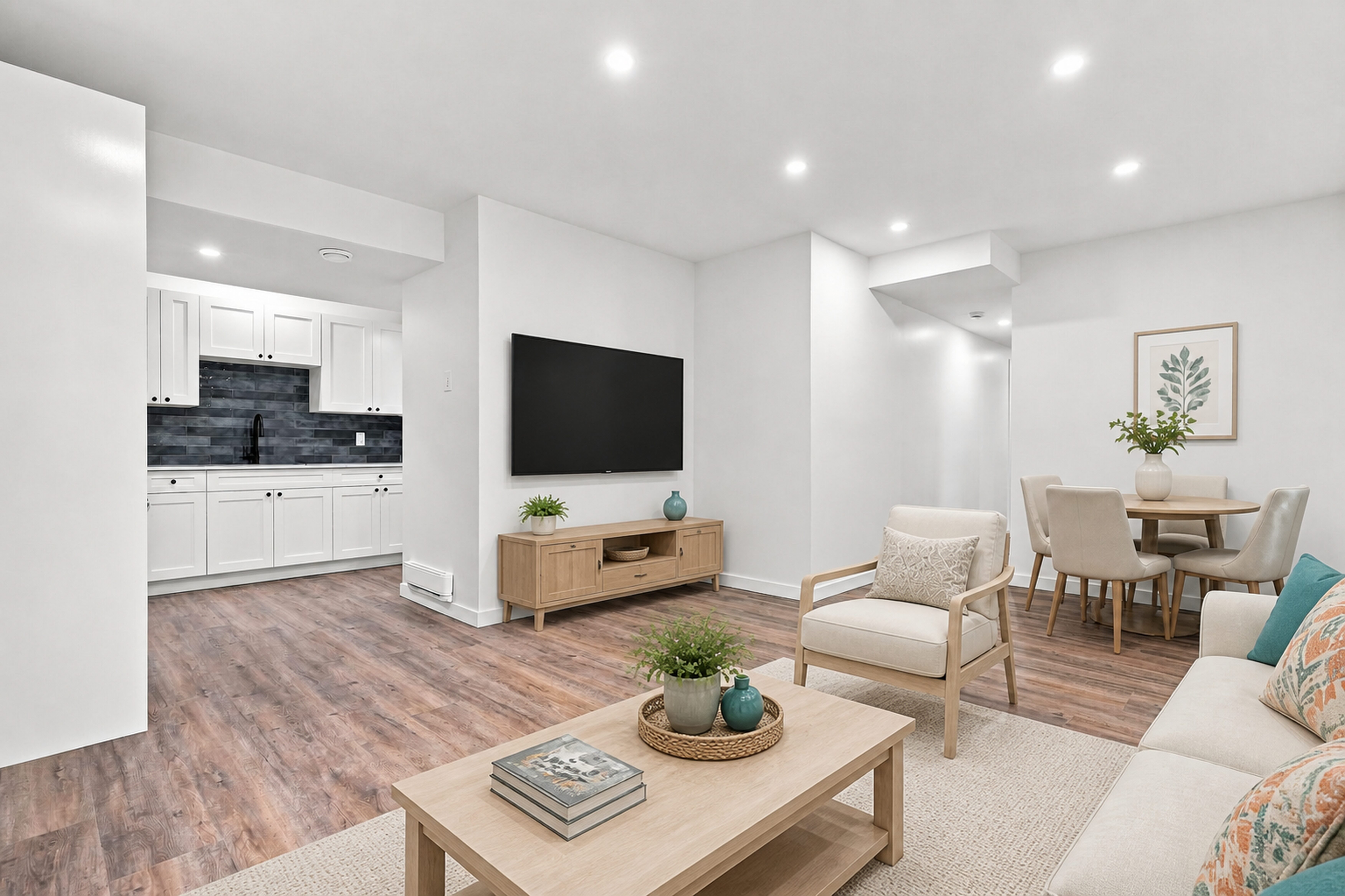 Open-concept living room and kitchen with durable vinyl plank flooring