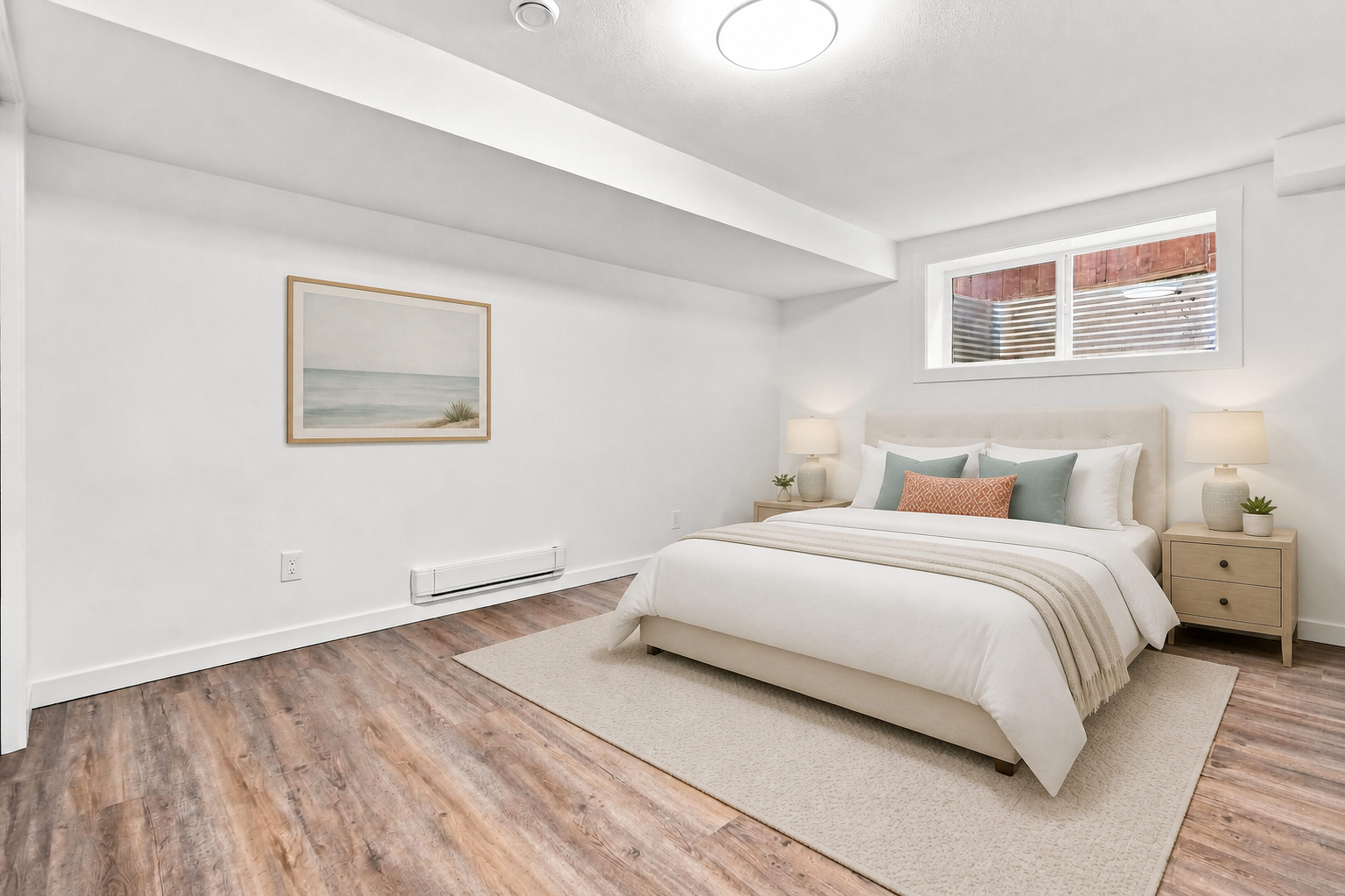 Spacious primary bedroom with egress window, vinyl plank flooring, and closet space