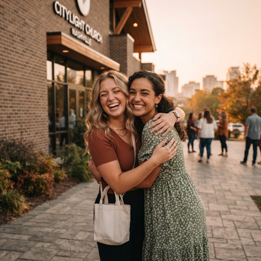 Two friends greeting each other warmly outside the church