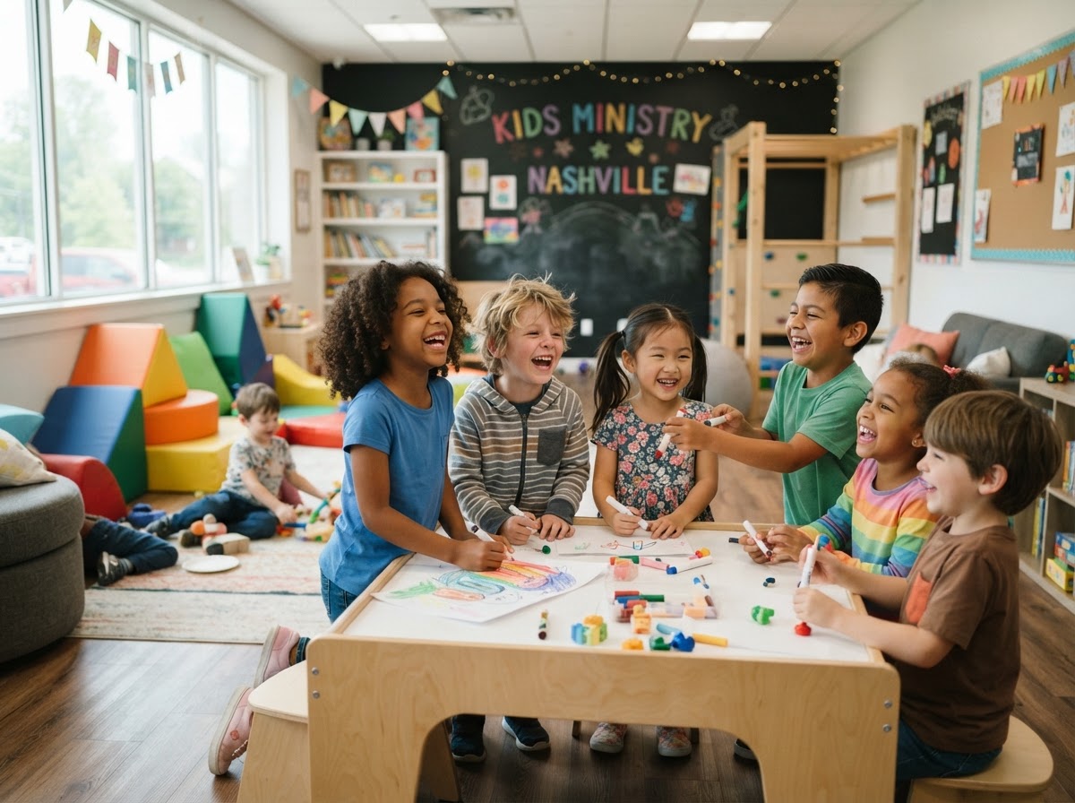 Children laughing and playing together in the Collective Kids ministry room