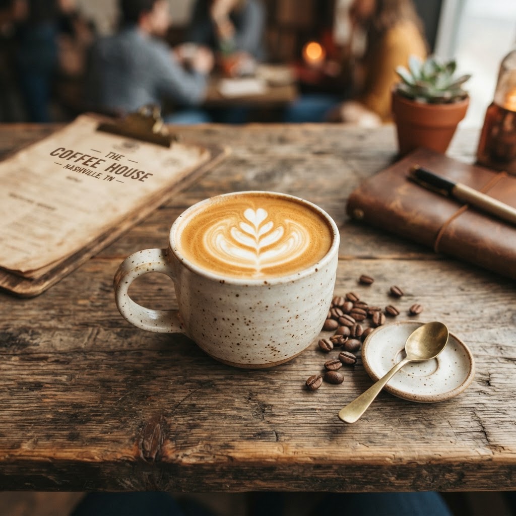 Freshly poured latte on a reclaimed wood table