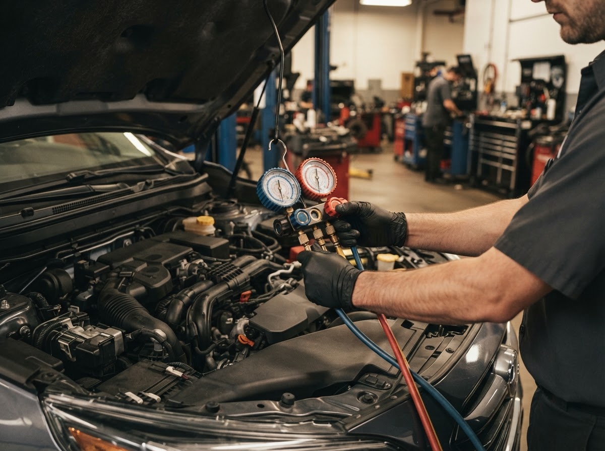 Automotive air conditioning service gauges connected to a vehicle