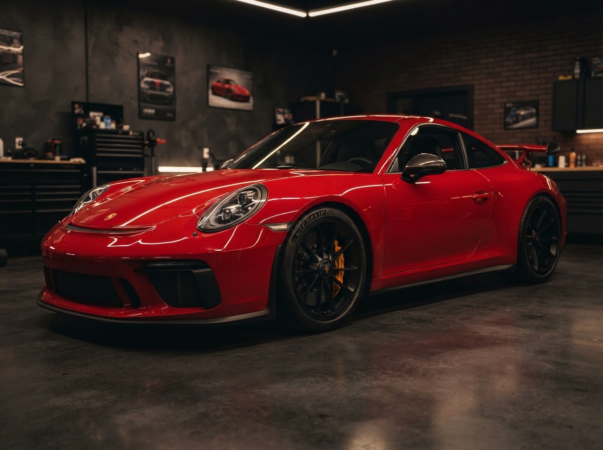 A finished, detailed vehicle in a bright automotive shop