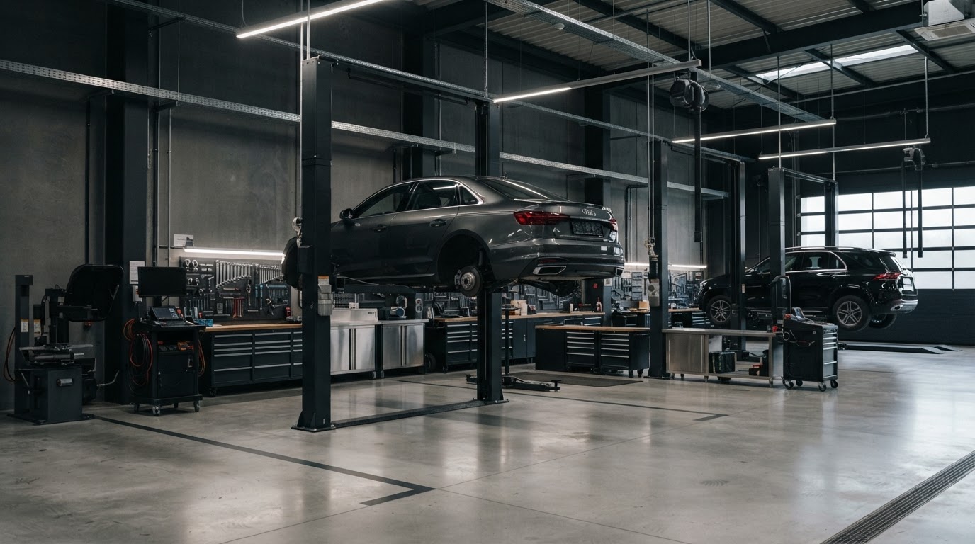 Wide view of a modern automotive repair center interior