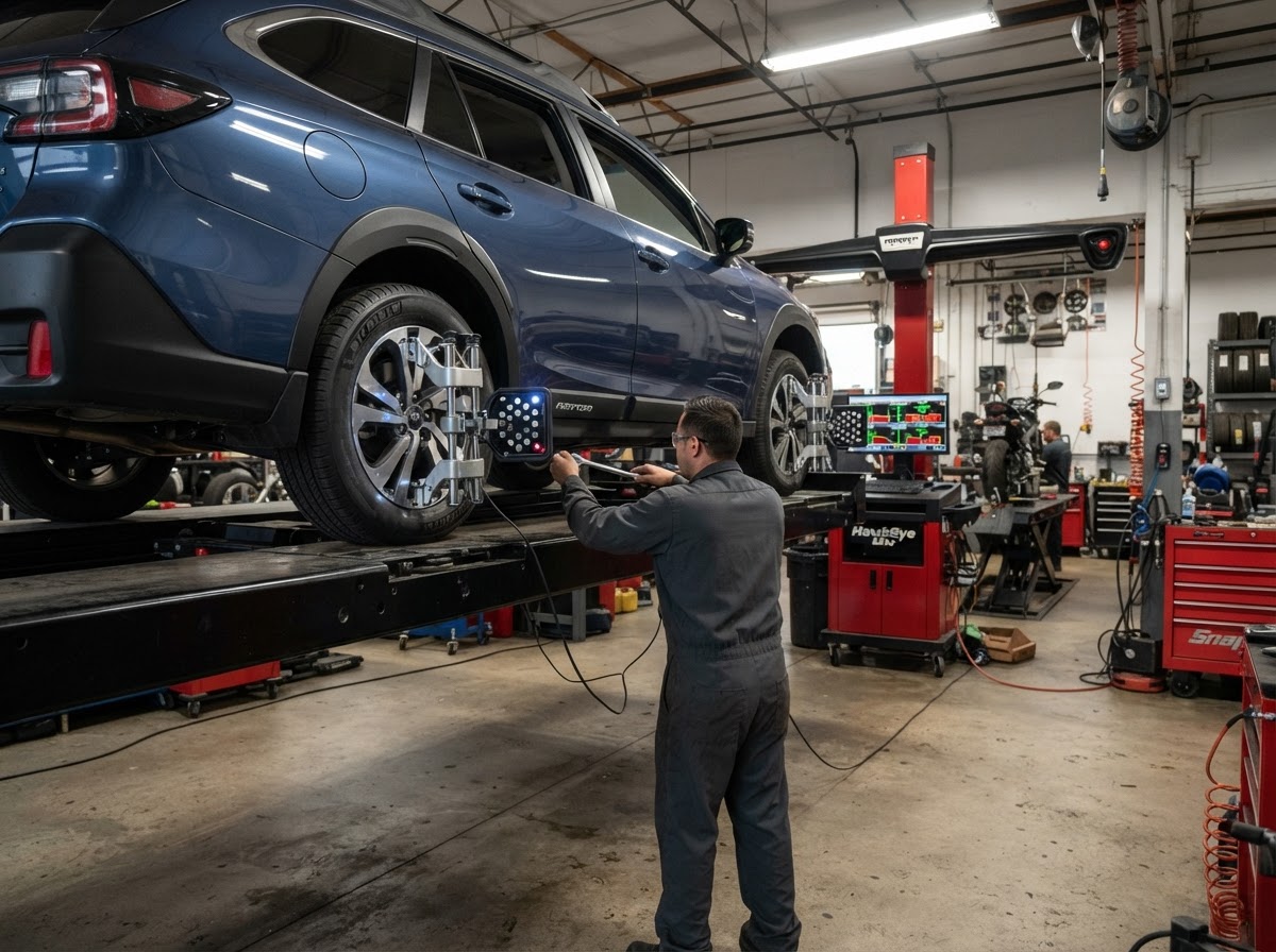 Wheel alignment and suspension service being performed on a vehicle