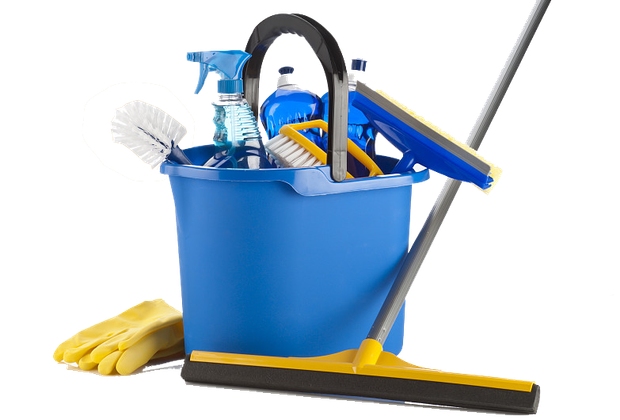 Blue bucket filled with cleaning supplies and mop